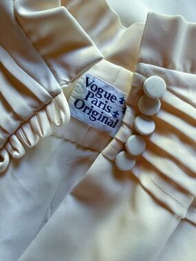 Vintage 60s 70s Vogue Paris Original Silk Satin Dress High Neck Pleated Shoulder